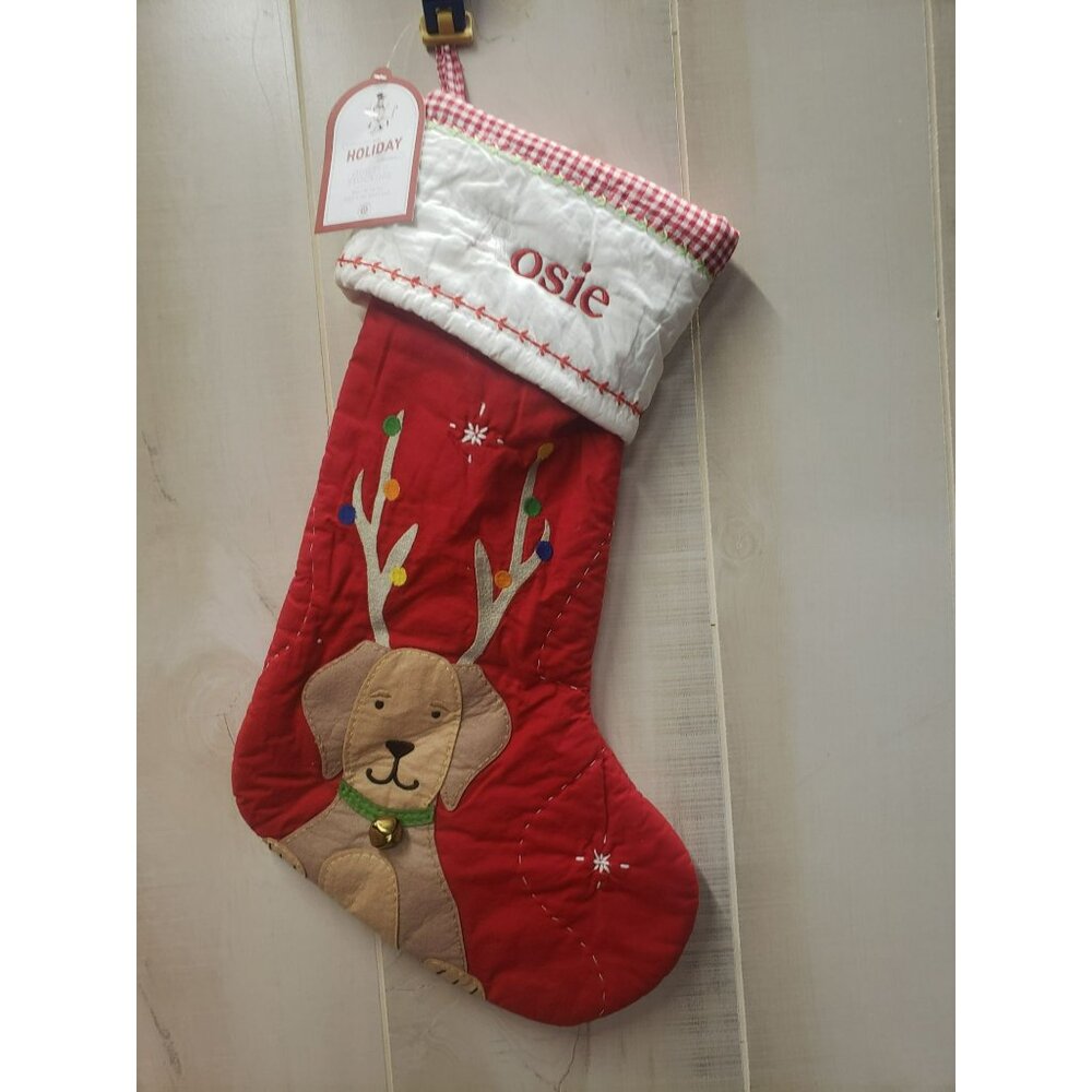 Pottery Barn Kids Quilted Christmas Stocking Labrador w Antlers, Bad Monogram